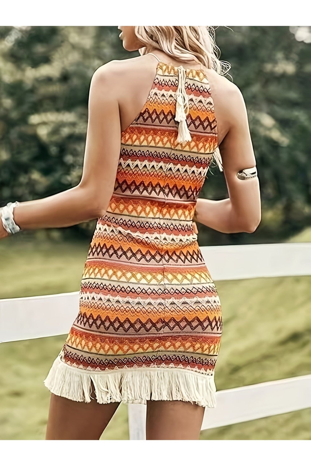 Full Size Fringe Grecian Neck Dress