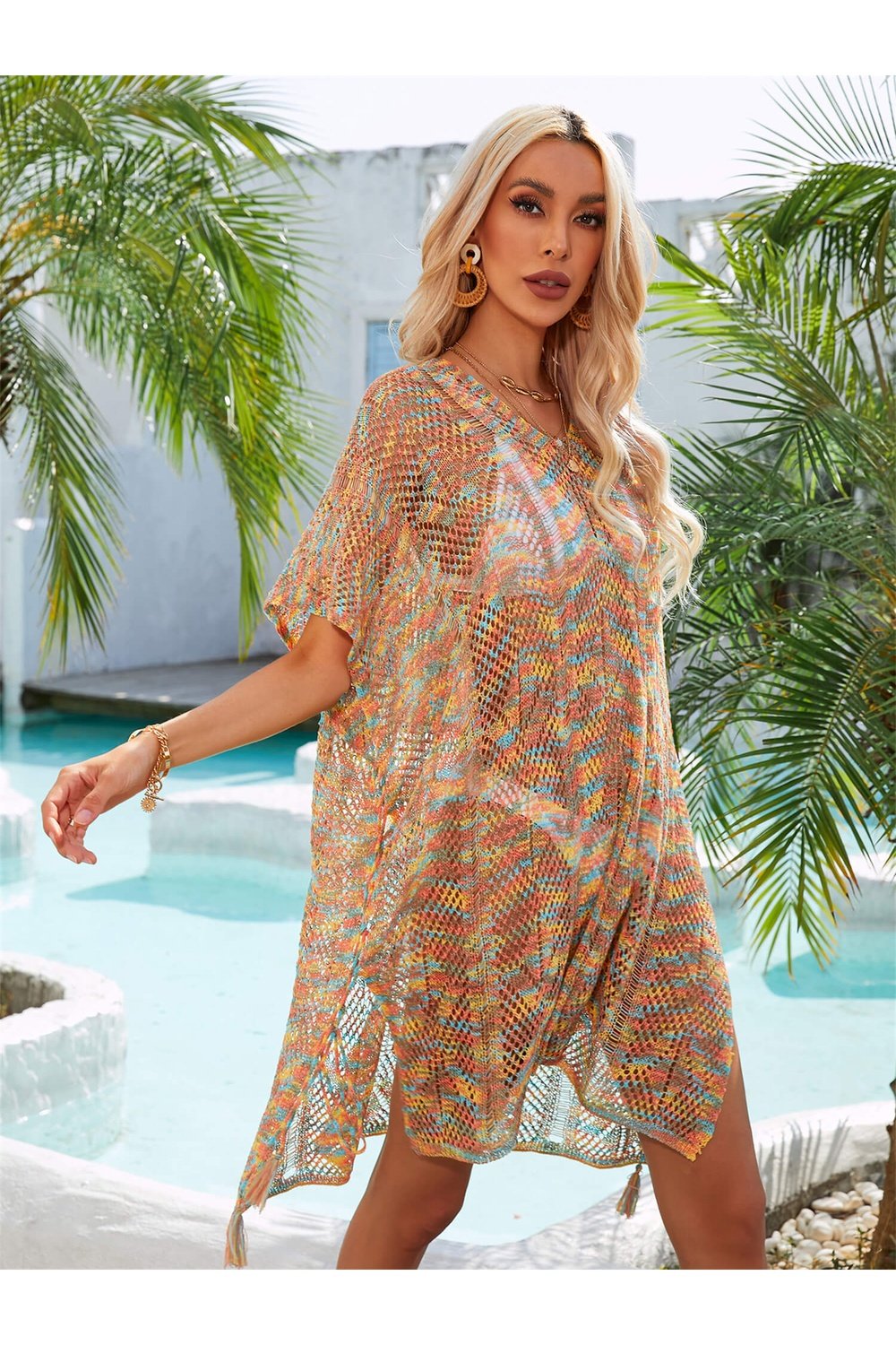 Multicolored Openwork Tassel Slit Cover-Up