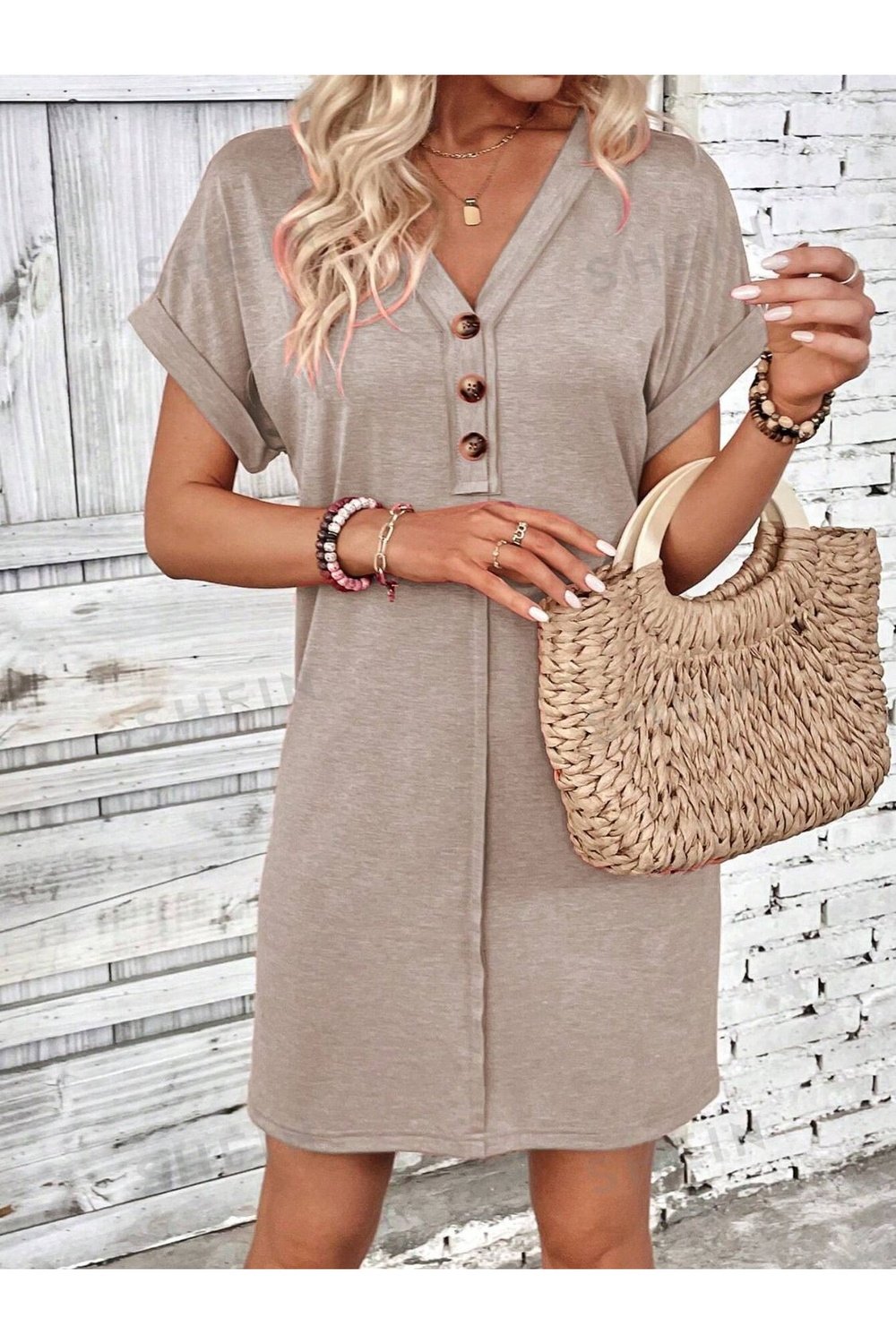 Quarter Button V-Neck Short Sleeve Dress