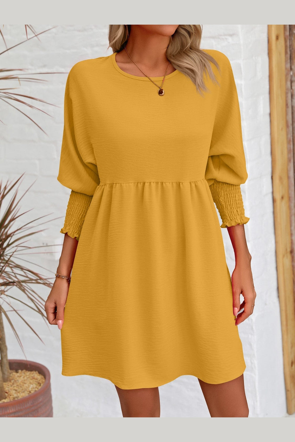 Round Neck Lantern Sleeve Mini Dress