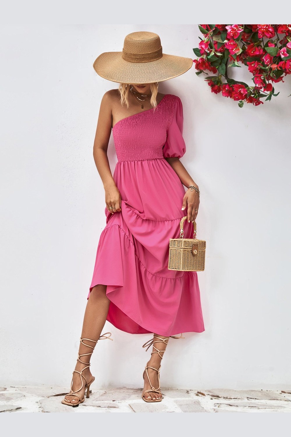 Smocked One-Shoulder Midi Dress