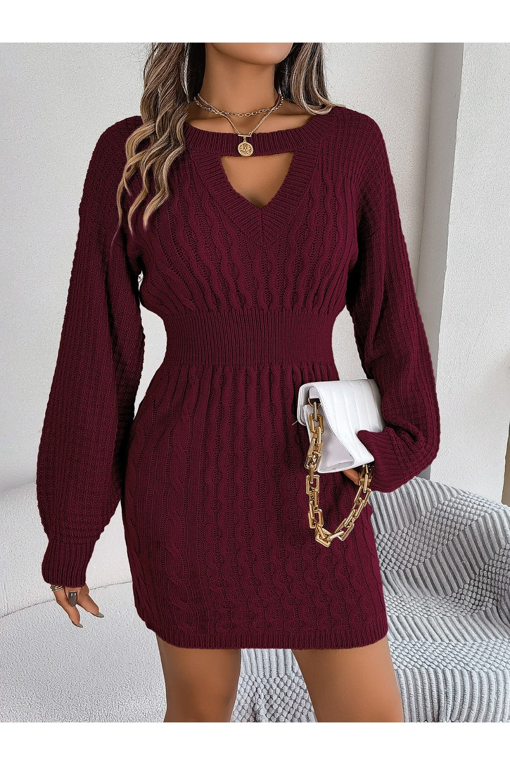 Cable-Knit Cutout Round Neck Slit Sweater Dress