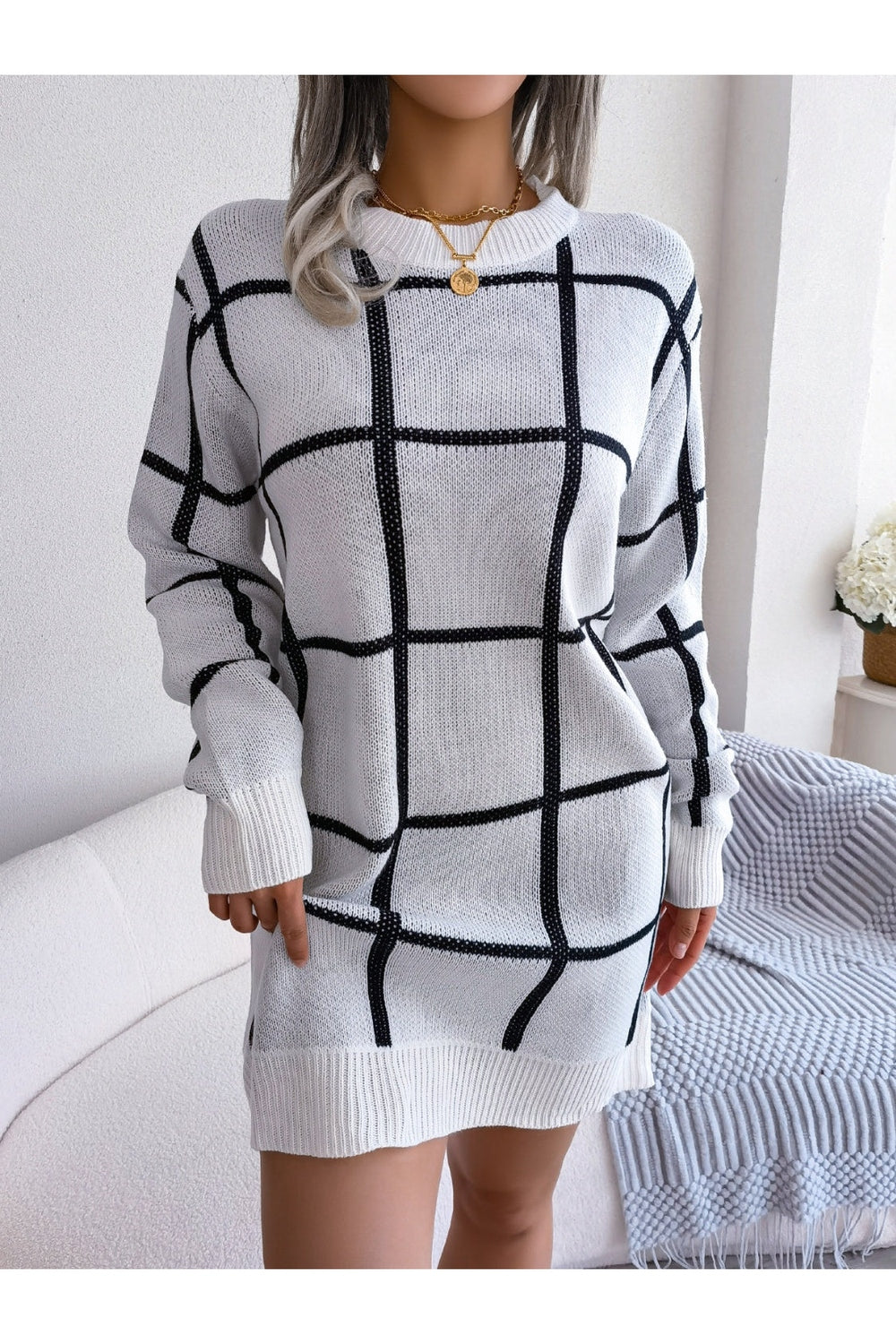 Plaid Round Neck Dropped Shoulder Sweater Dress