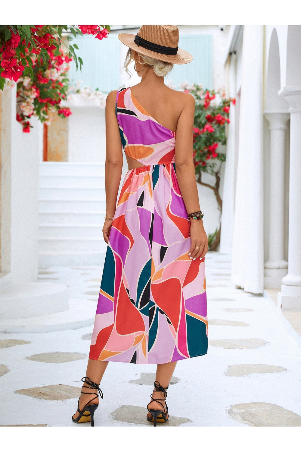 Printed Cutout One-Shoulder Sleeveless Dress