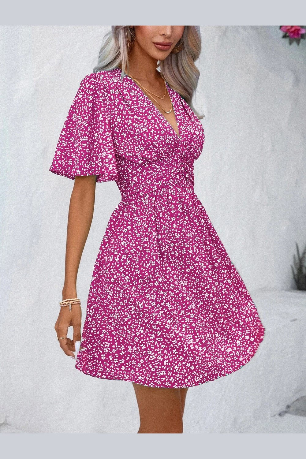 Printed V-Neck Half Sleeve Mini Dress