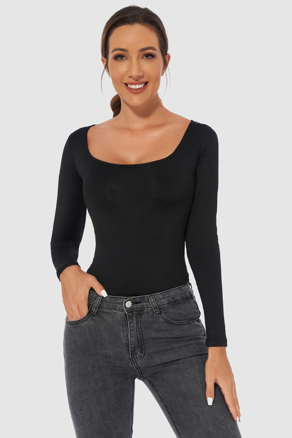 Full Size Scoop Neck Long Sleeve Bodysuit