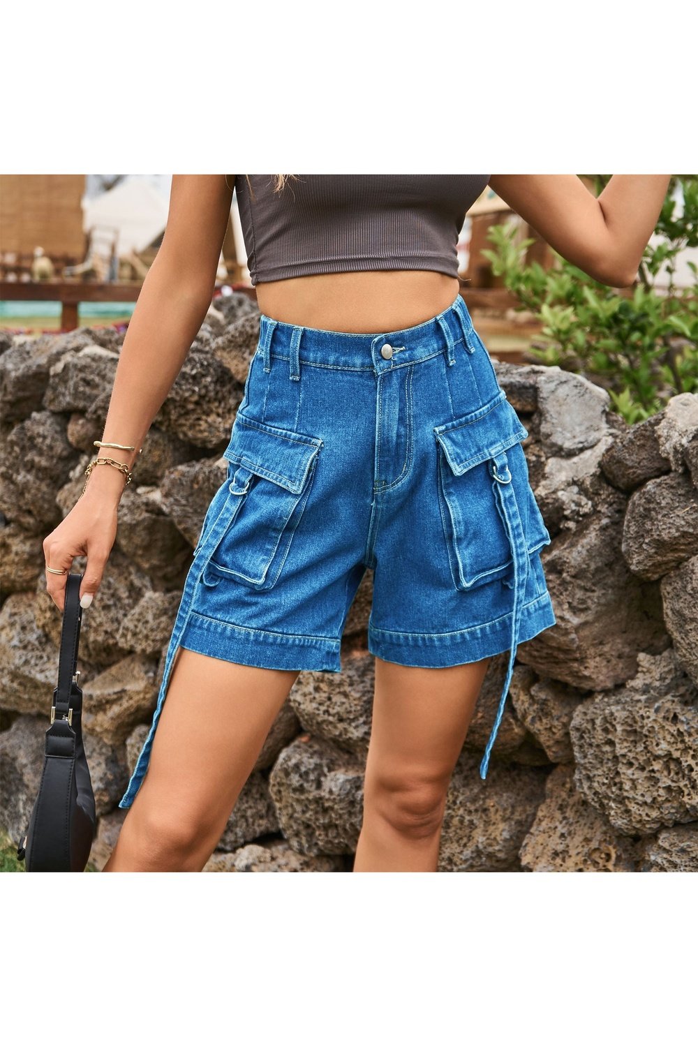 High Waist Denim Cargo Shorts