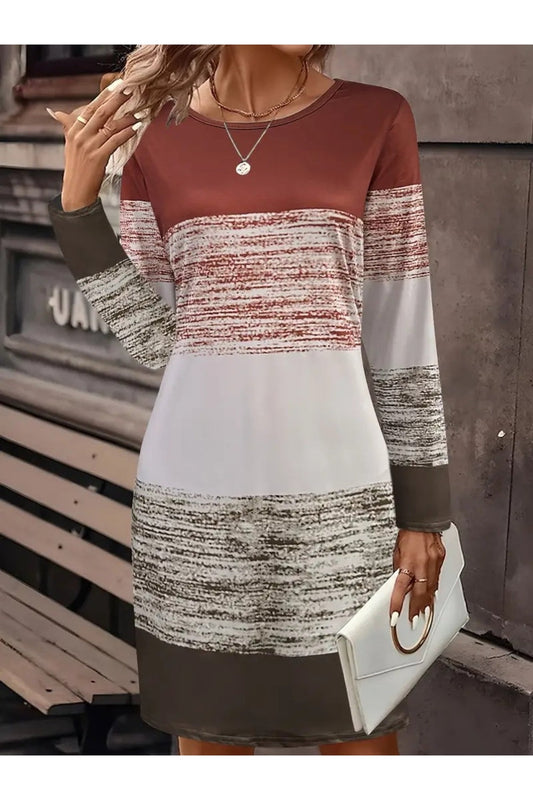 Color Block Round Neck Long Sleeve Dress