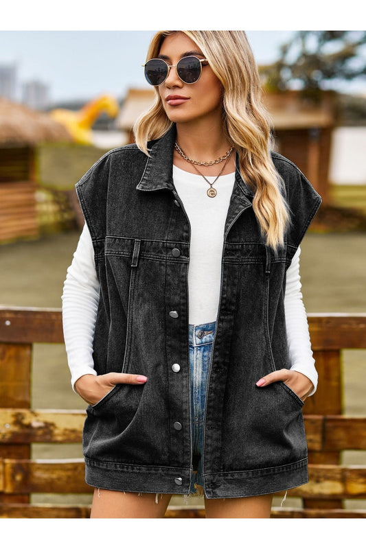 Button Up Collared Neck Sleeveless Denim Jacket