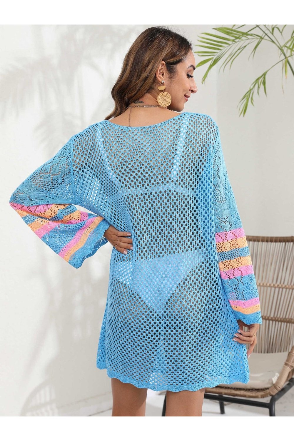 Openwork Contrast Long Sleeve Cover-Up