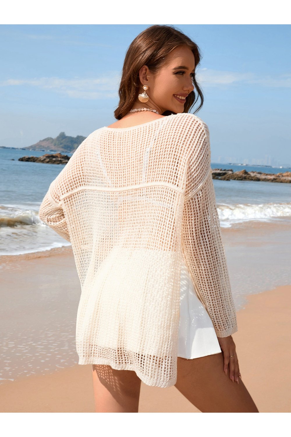 Openwork Slit Boat Neck Long Sleeve Cover-Up