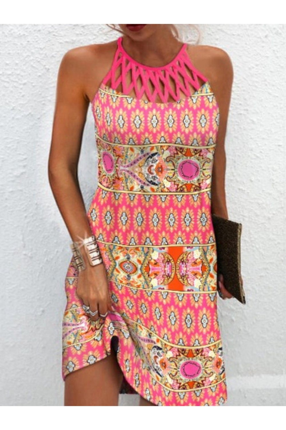 Printed Grecian Neck Mini Dress