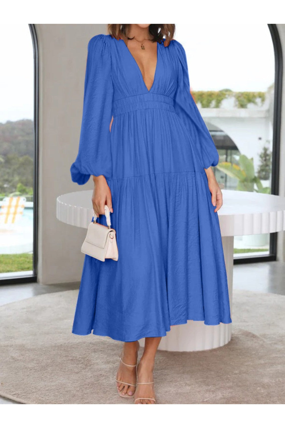 Deep V-Neck Balloon Sleeve Plain Maxi Dress