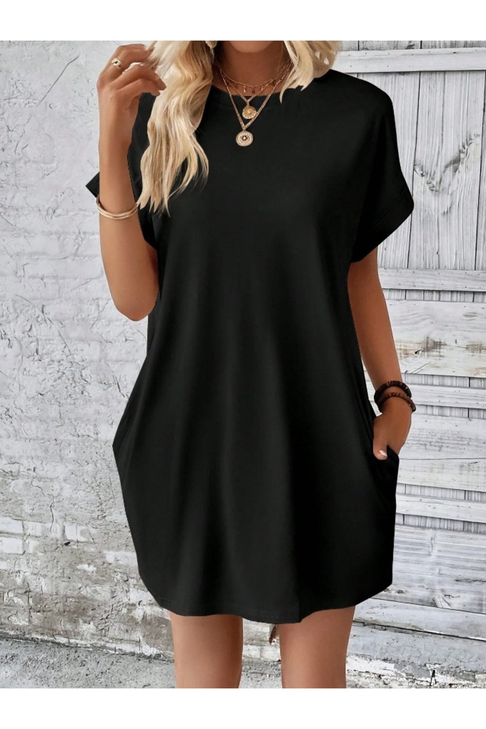 Pocketed Round Neck Short Sleeve Dress