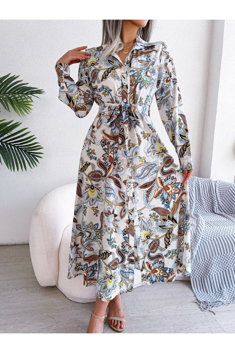 Tied Printed Long Sleeve Midi Dress