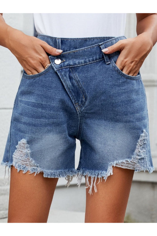 Distressed Raw Hem Asymmetric Waist Denim Shorts