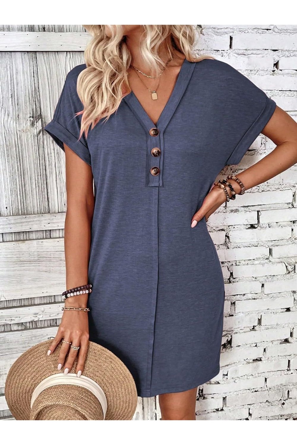 Quarter Button V-Neck Short Sleeve Dress