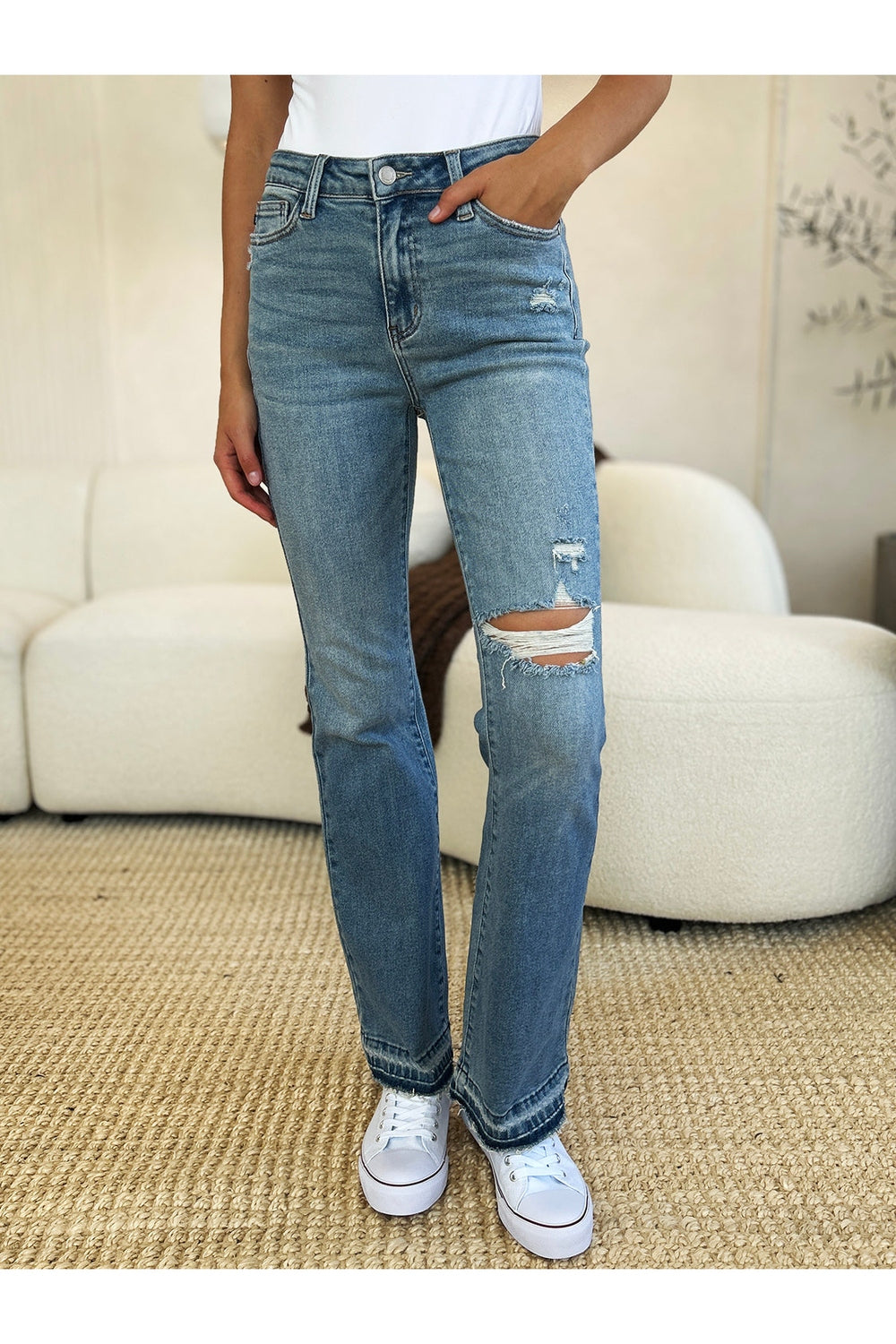 Judy Blue Full Size Mid Rise Destroyed Hem Distressed Jeans