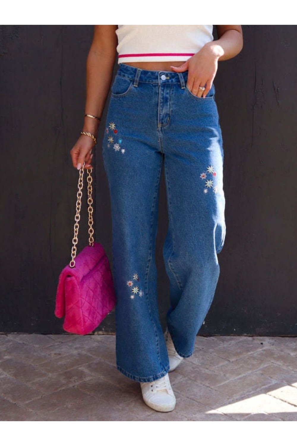 Embroidered Straight Jeans with Pockets