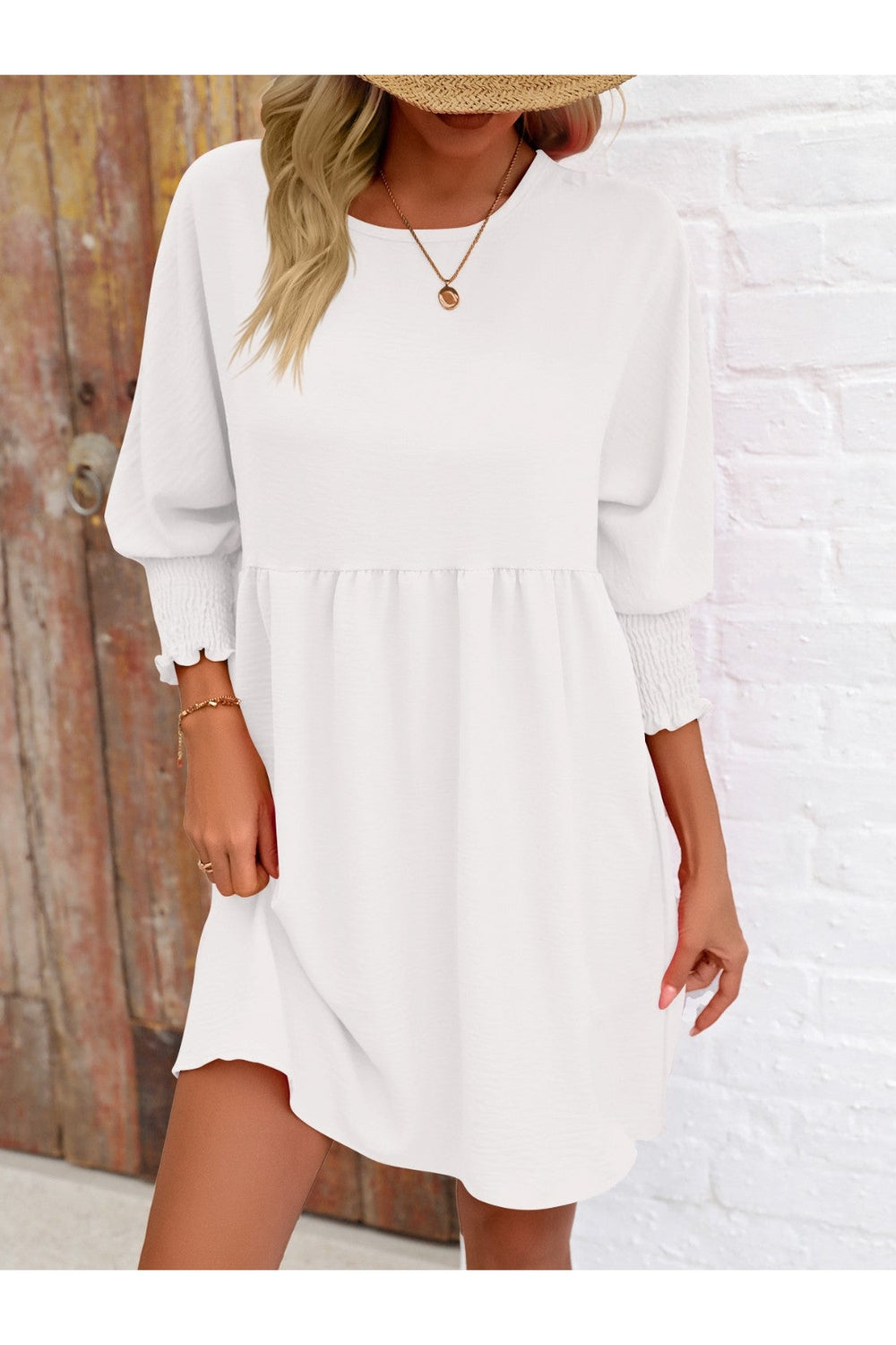 Round Neck Lantern Sleeve Mini Dress