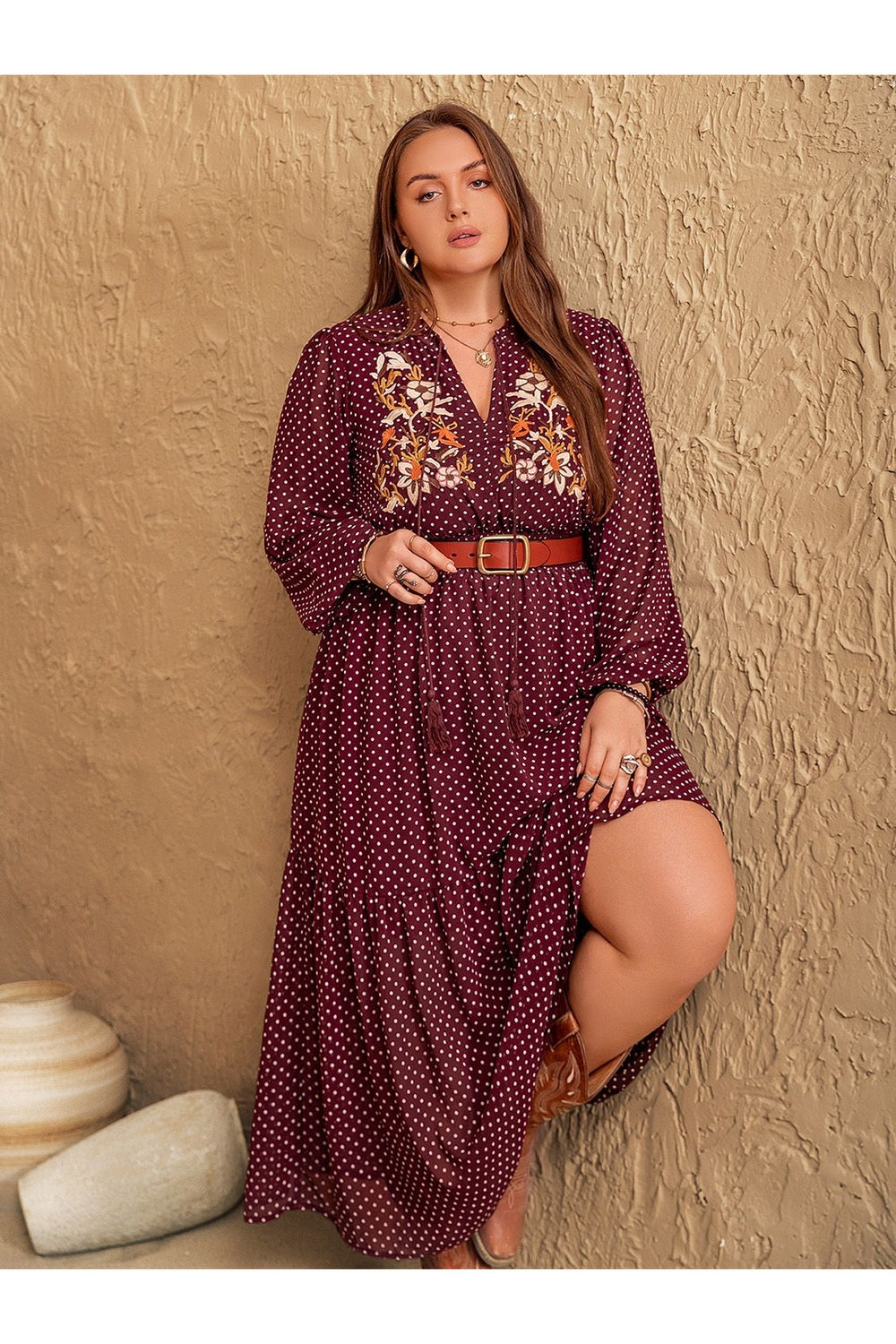 Plus Size Embroidered Polka Dot Tie Neck Long Sleeve Midi Dress