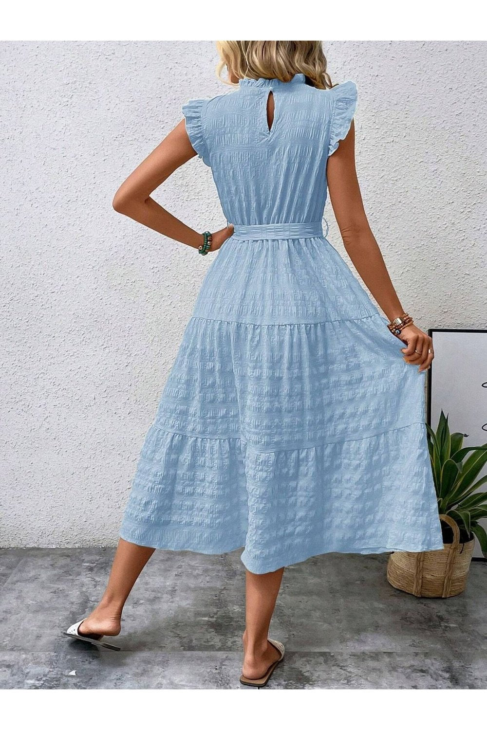 Tied Ruffled Cap Sleeve Midi Dress