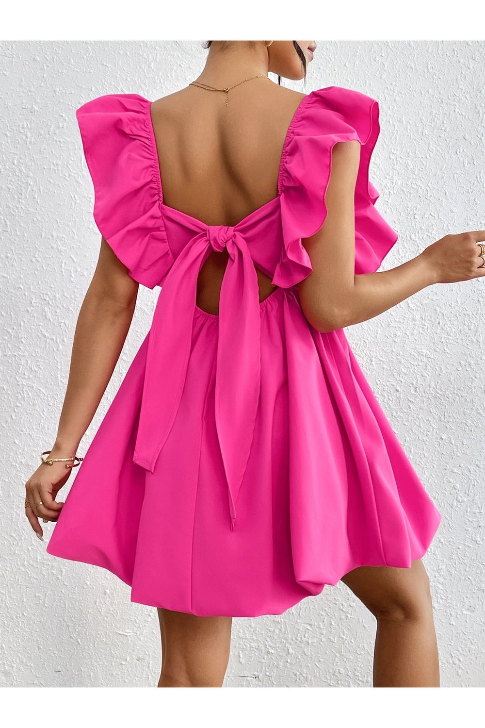 Ruffled V-Neck Cap Sleeve Mini Dress