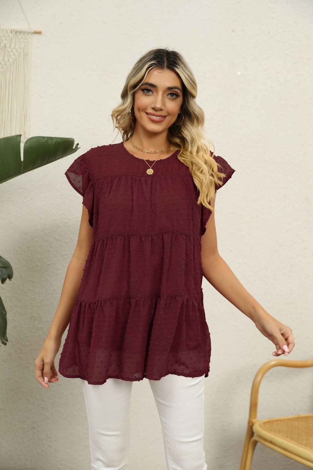 Swiss Dot Round Neck Tiered Blouse