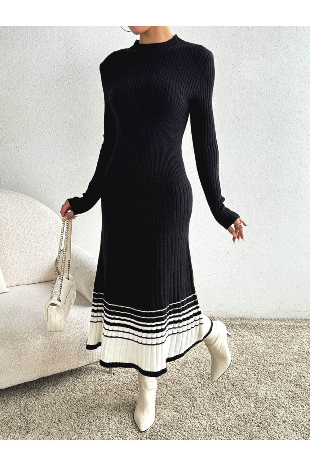 Contrast Mock Neck Long Sleeve Sweater Dress