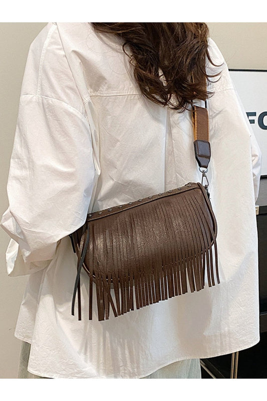 PU Leather Fringe Studded Crossbody Bag