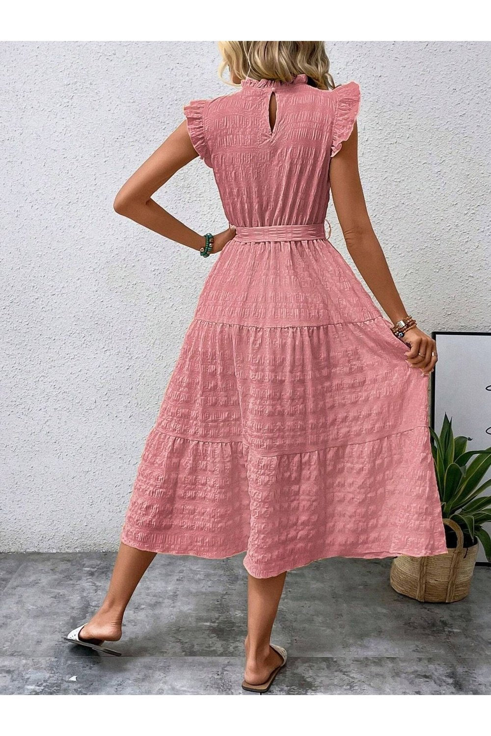 Tied Ruffled Cap Sleeve Midi Dress