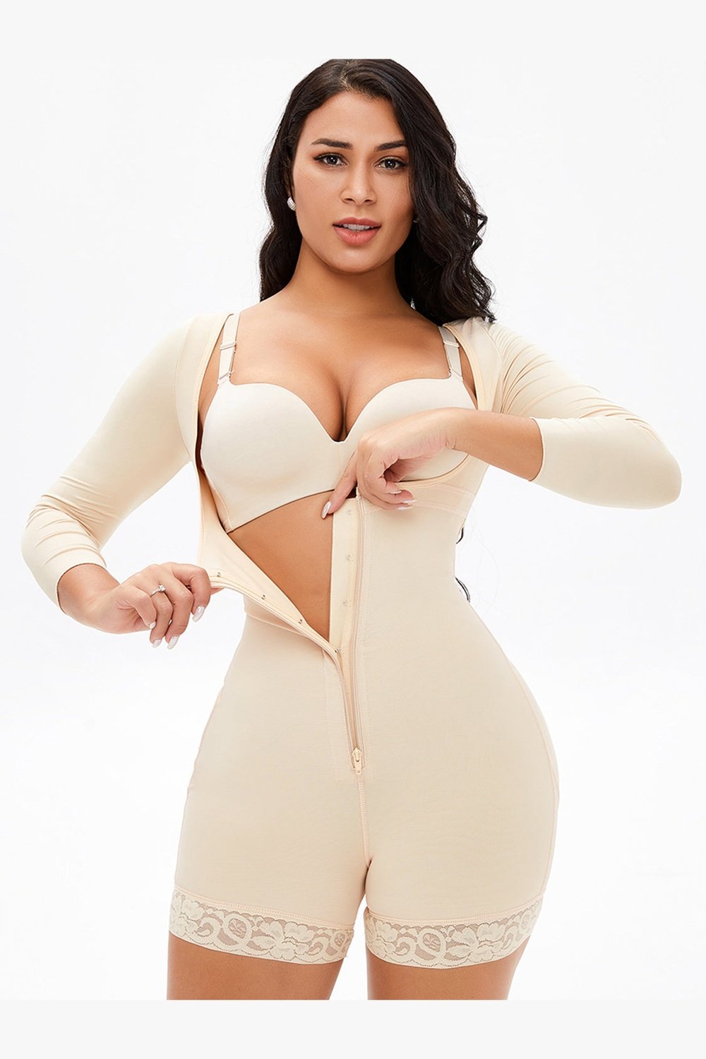 Full Size Zip Up Lace Detail Long Sleeve Shapewear