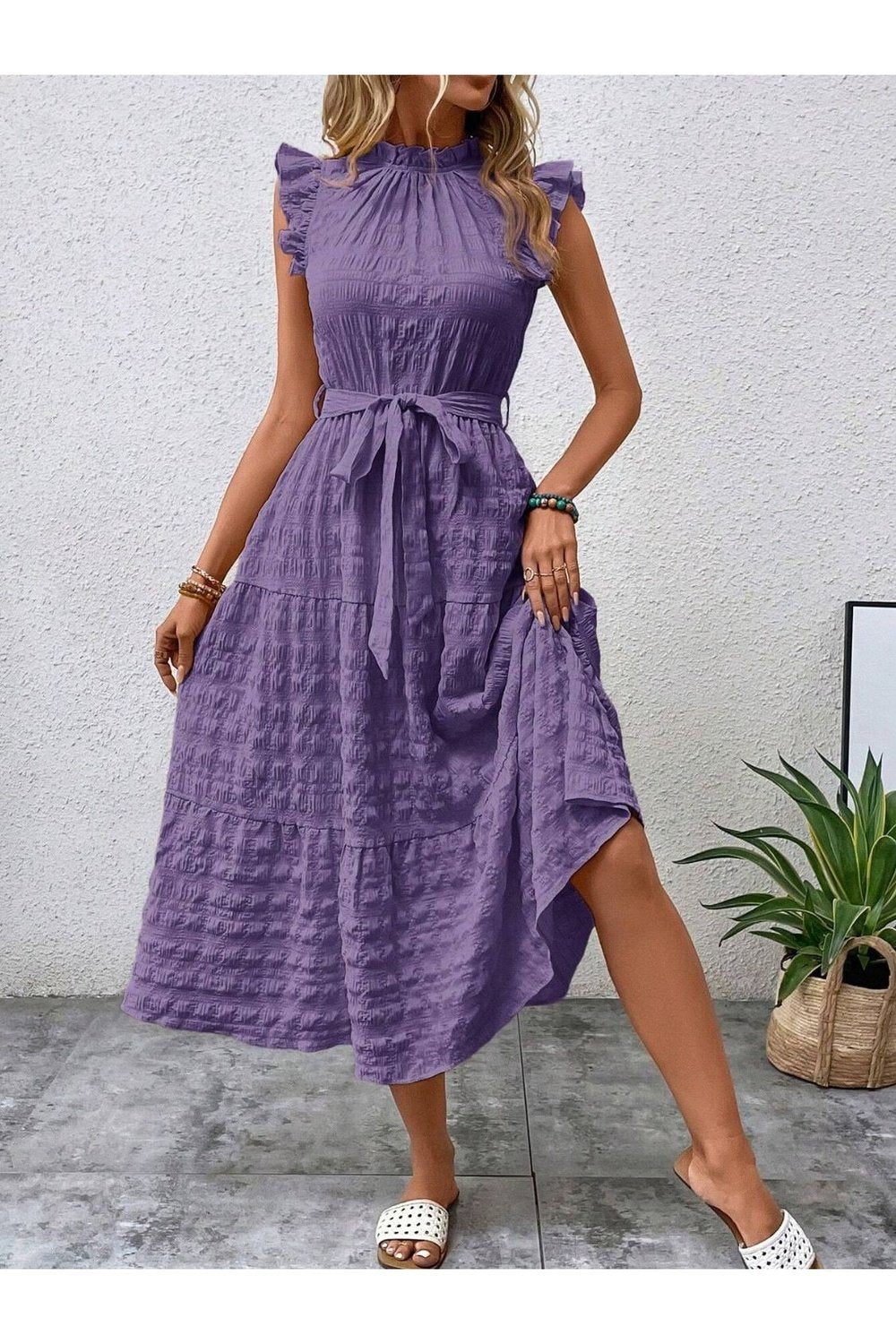 Tied Ruffled Cap Sleeve Midi Dress