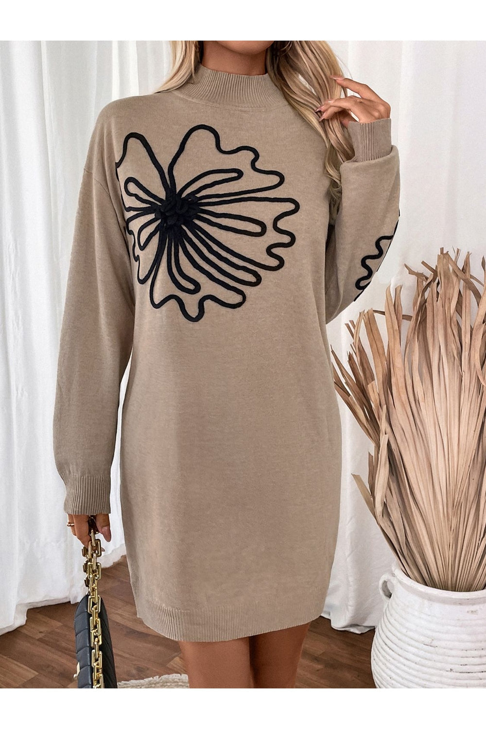 Perfee Flower Mock Neck Long Sleeve Sweater Dress