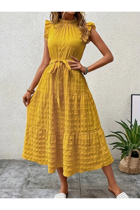 Tied Ruffled Cap Sleeve Midi Dress