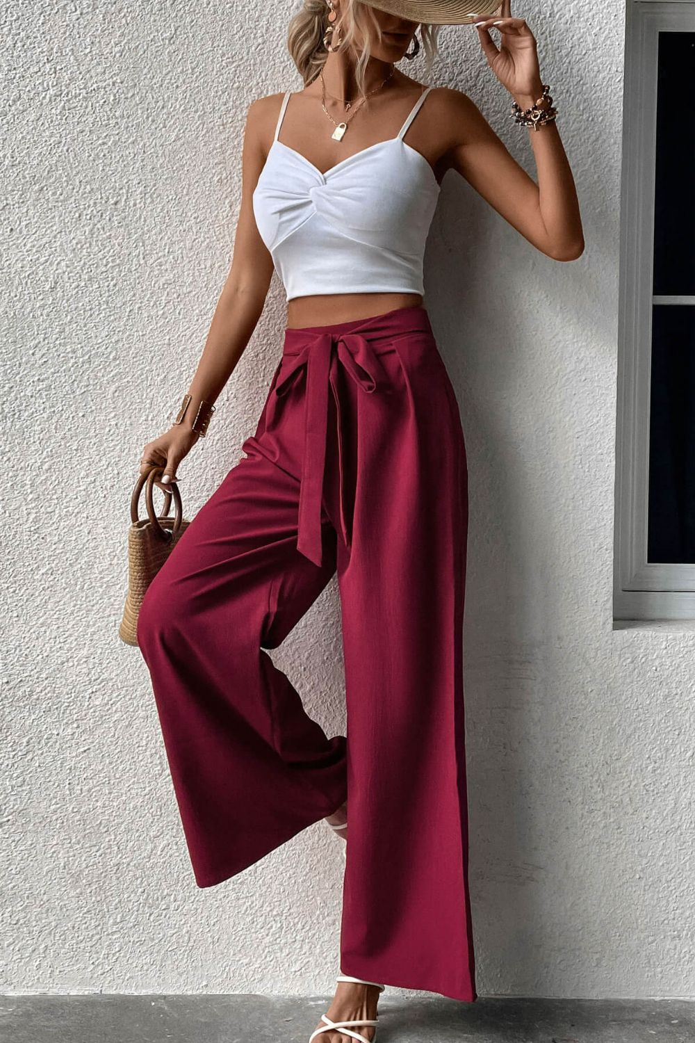 Perfee Tie Front Wide Leg Pants