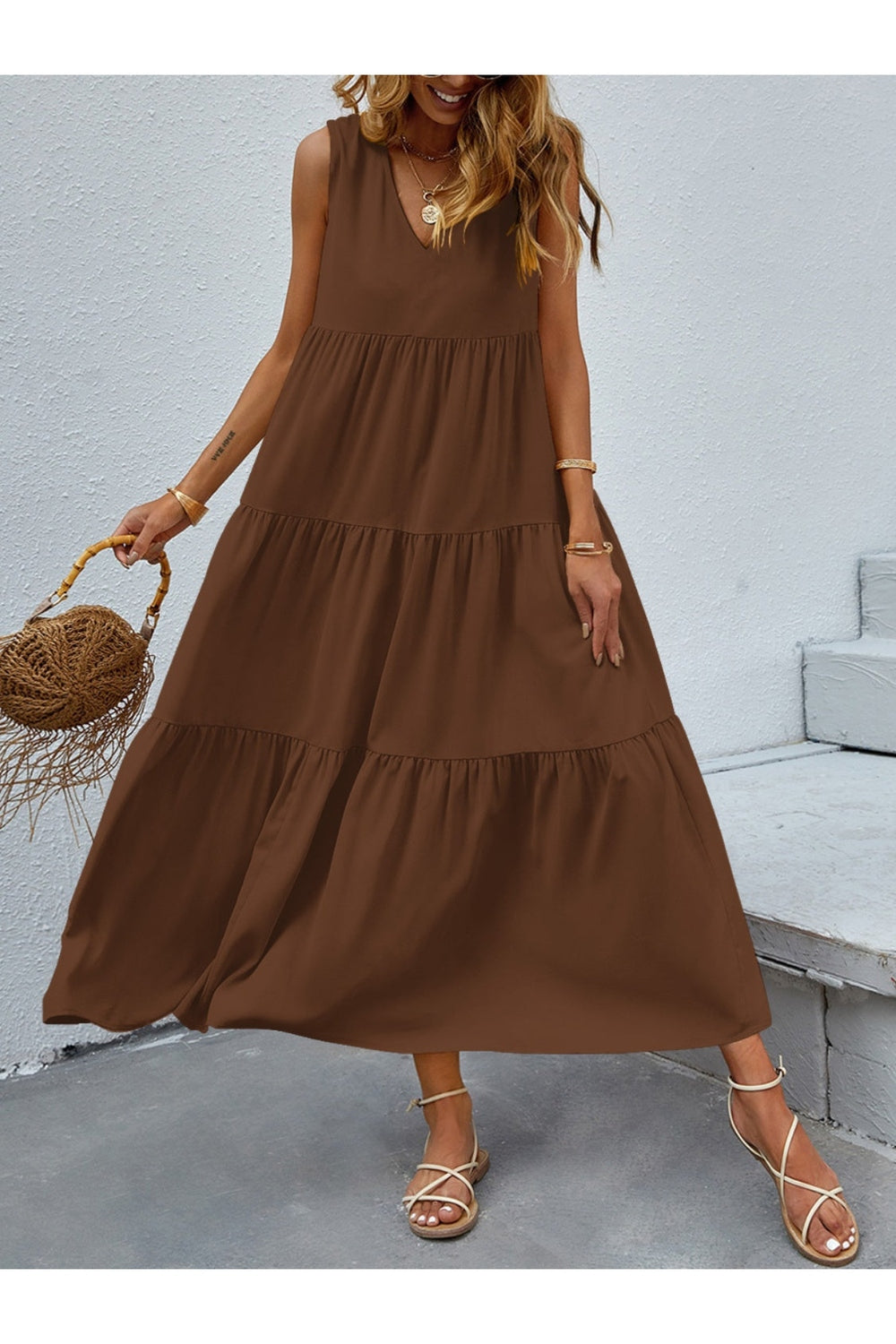 Tiered V-Neck Sleeveless Dress