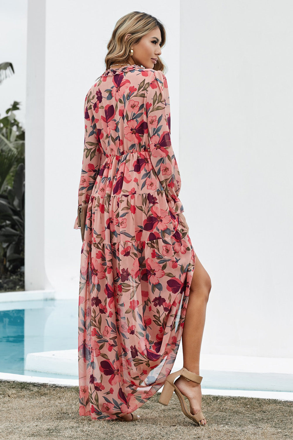 Floral Frill Trim Flounce Sleeve Plunge Maxi Dress