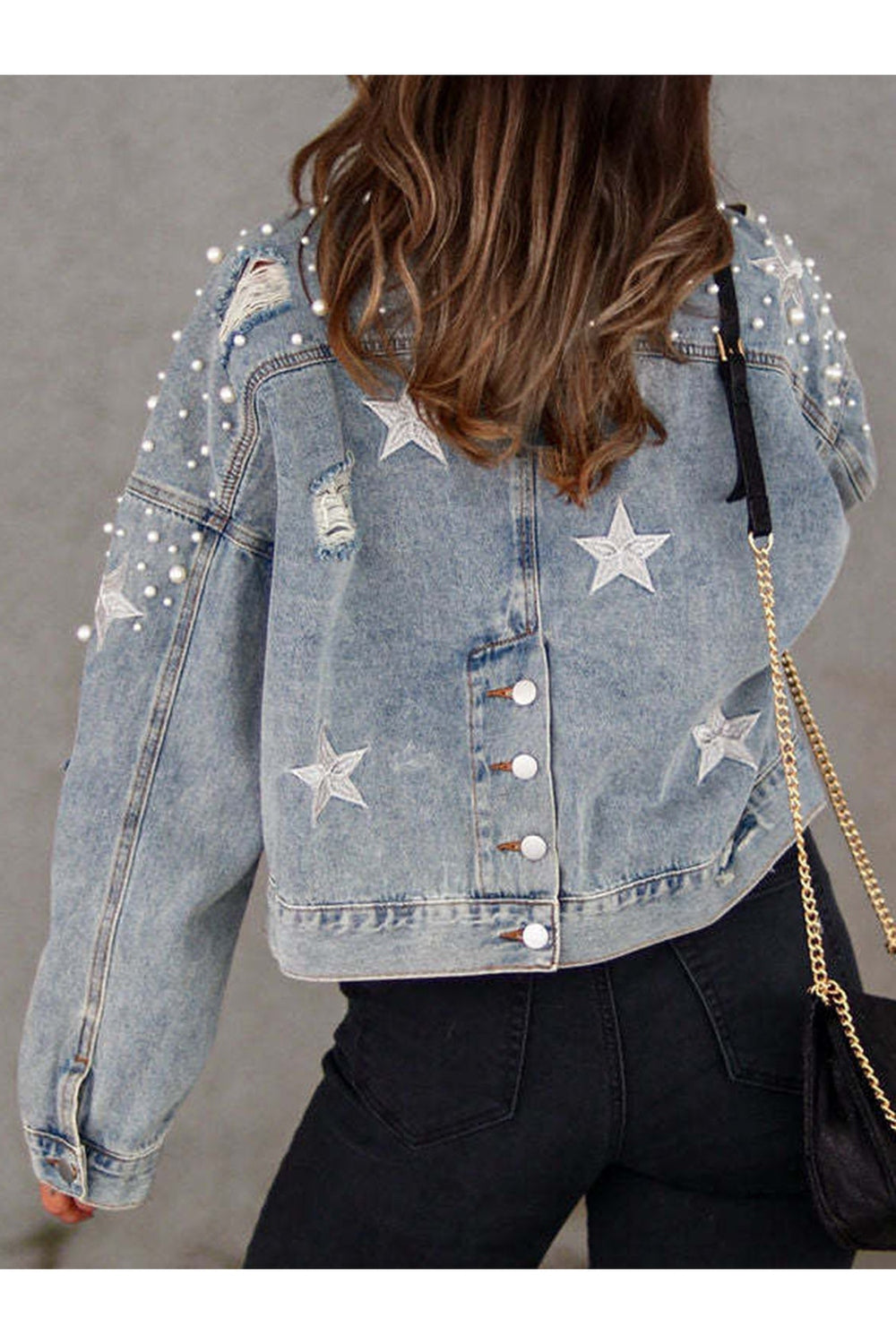 Pearl Trim Button Up Denim Jacket with Pockets