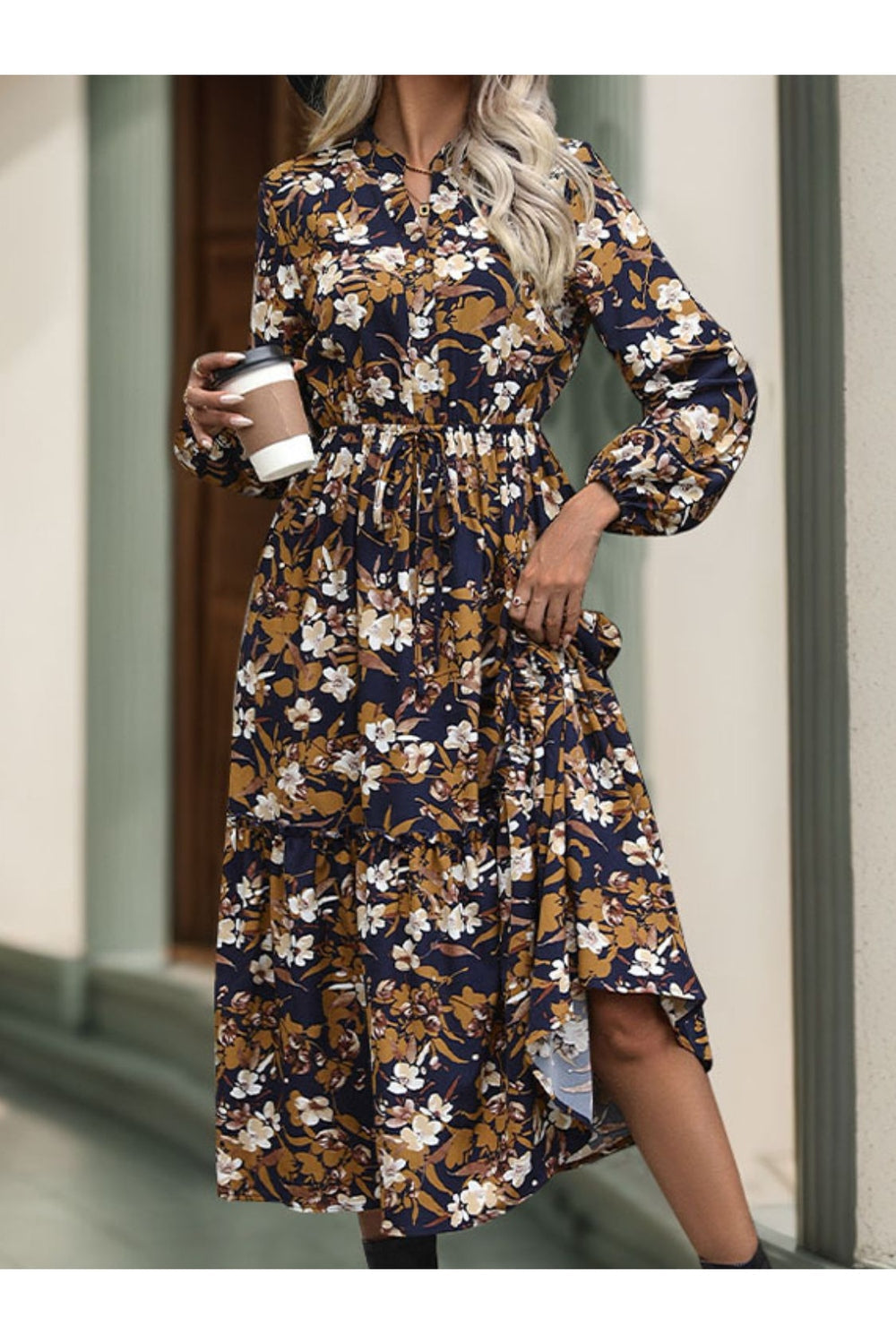 Perfee Printed Notched Long Sleeve Midi Dress