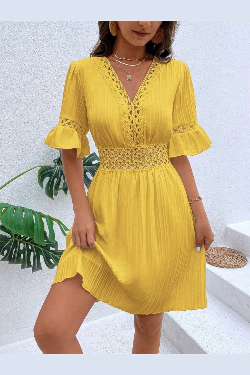 Cutout V-Neck Flounce Sleeve Mini Dress