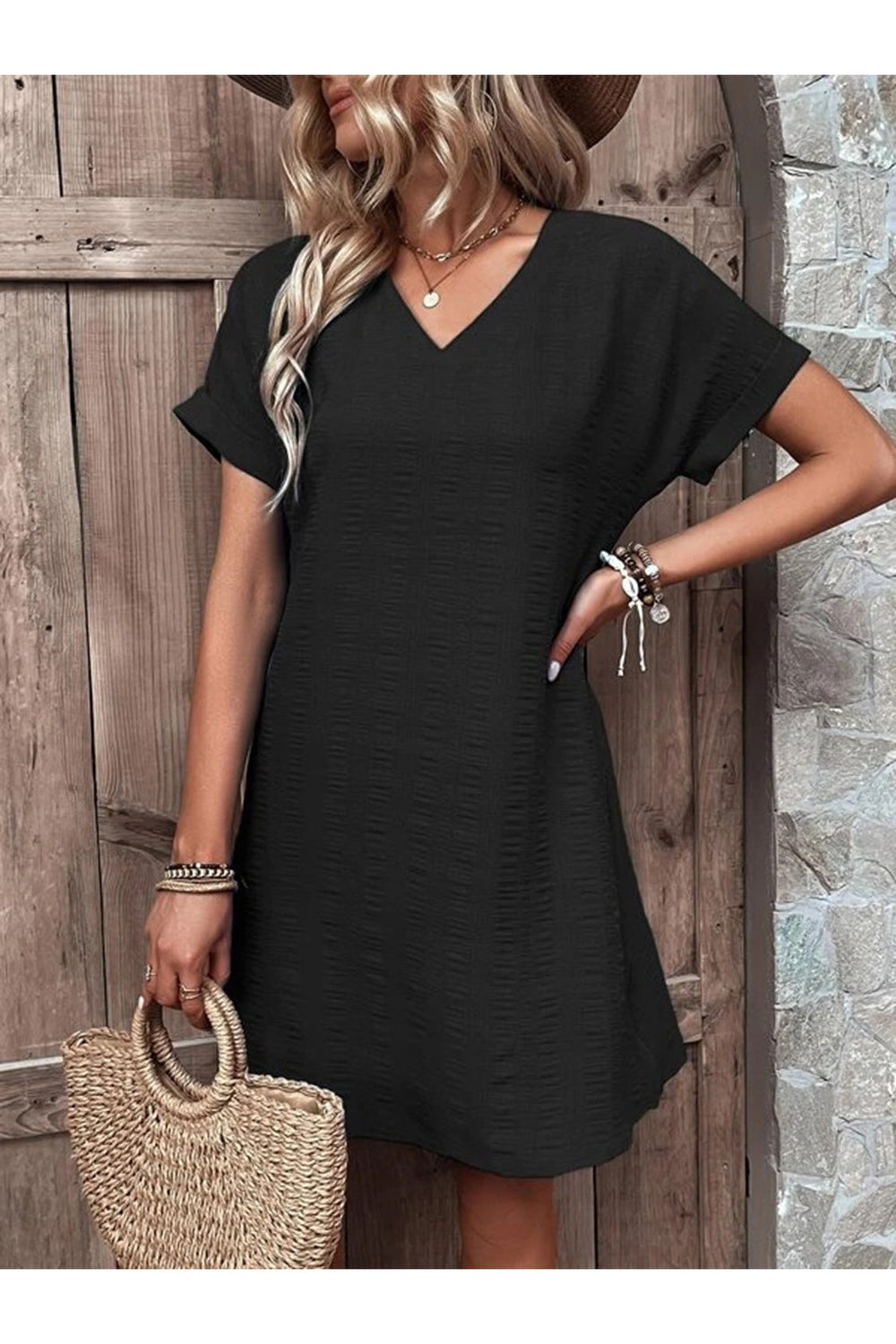 Full Size V-Neck Short Sleeve Mini Dress