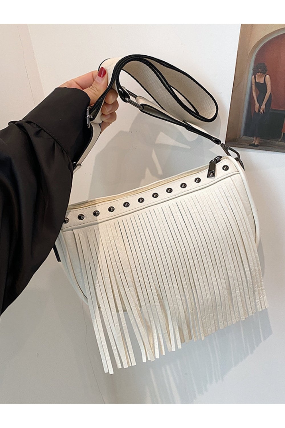 PU Leather Fringe Studded Crossbody Bag