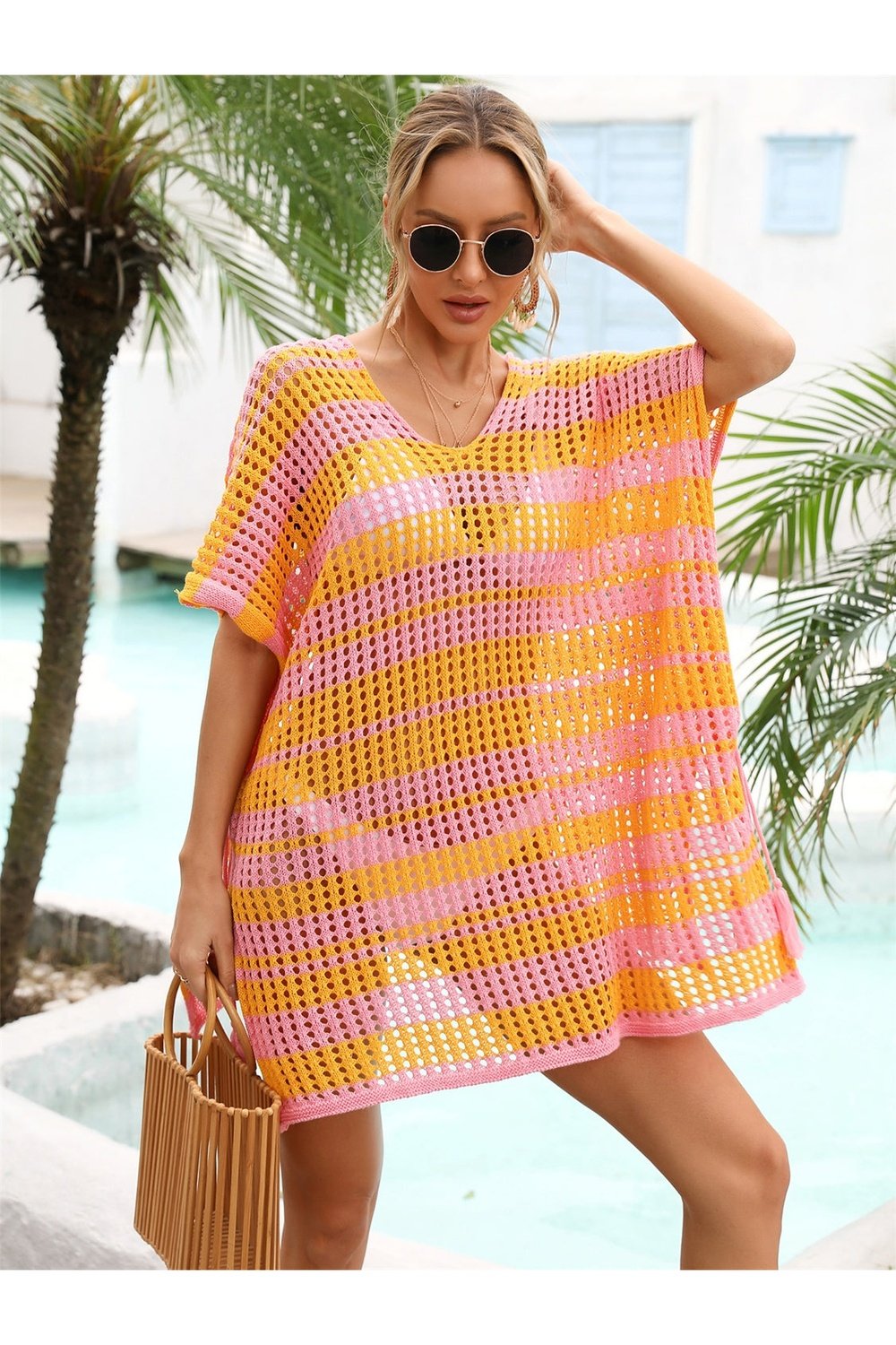 Tassel Openwork Striped V-Neck Cover Up