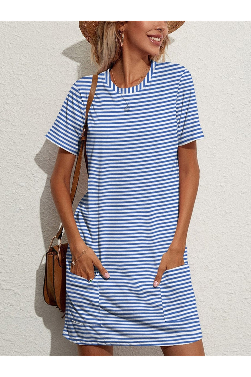 Pocketed Striped Round Neck Short Sleeve Dress