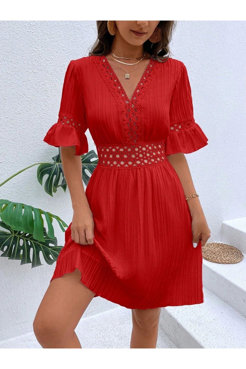 Cutout V-Neck Flounce Sleeve Mini Dress