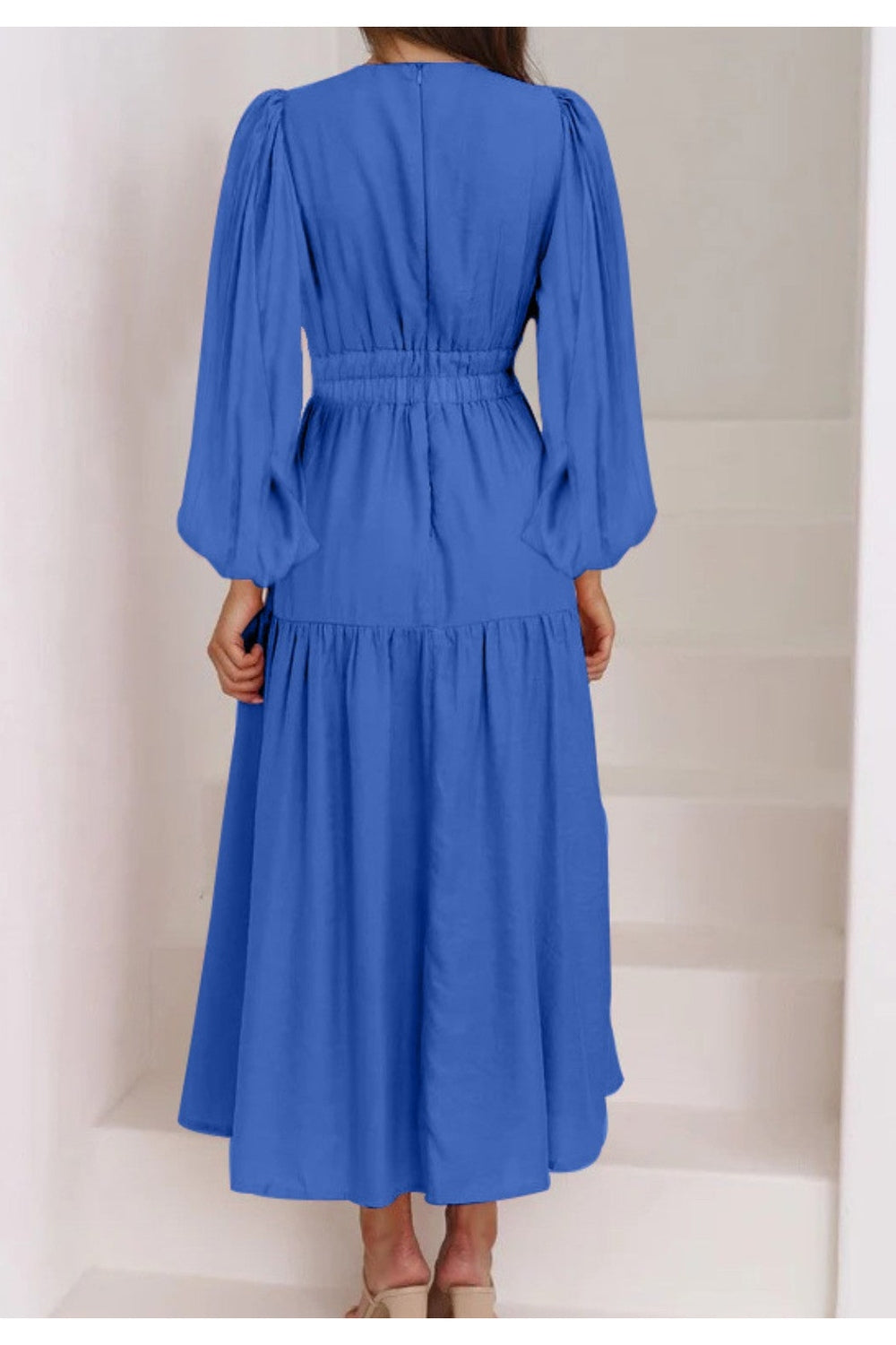 Deep V-Neck Balloon Sleeve Plain Maxi Dress