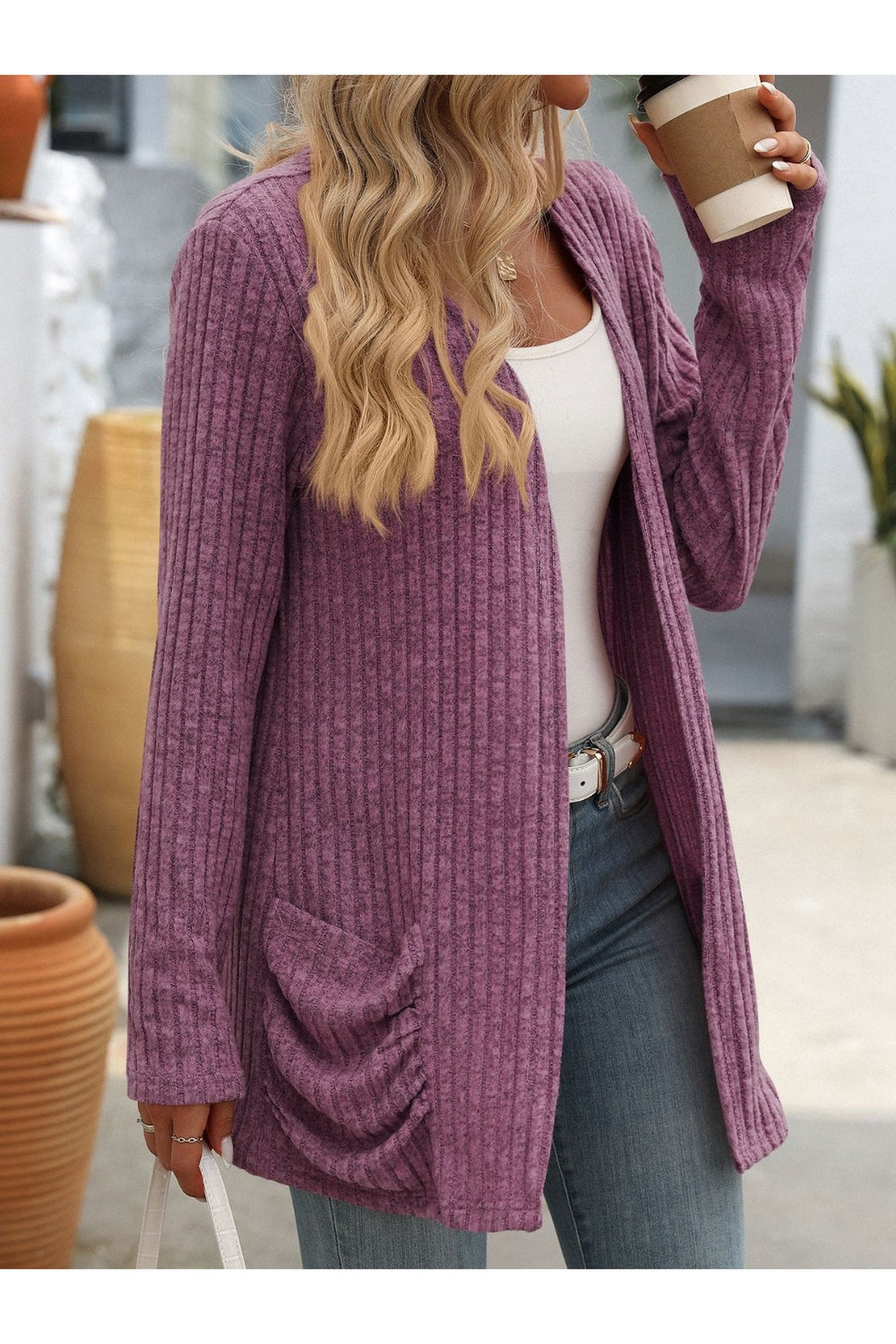 Mandy Open Front Long Sleeve Ribbed Cardigan