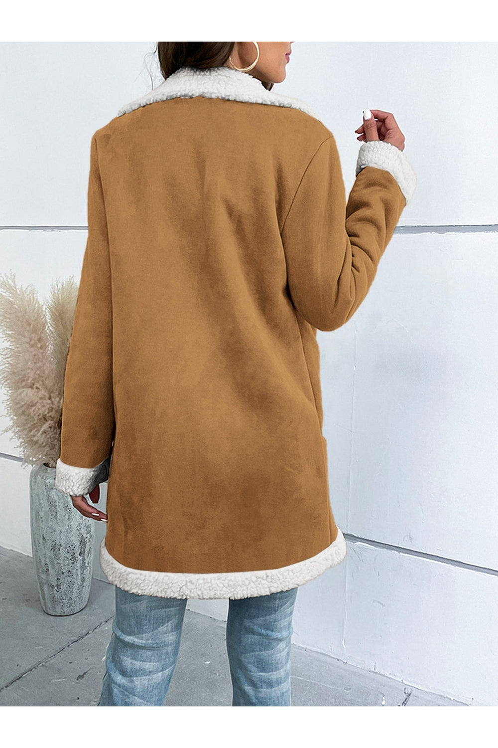 Contrast Button Up Lapel Collar Long Sleeve Coat