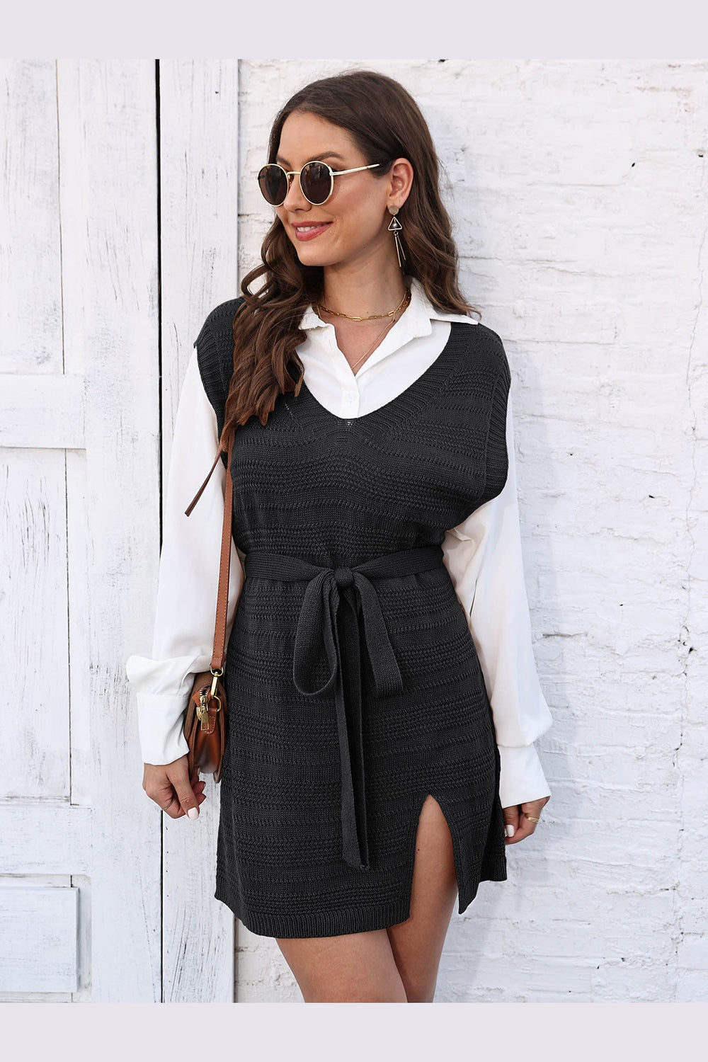 Tie Front V-Neck Sleeveless Slit Sweater Dress